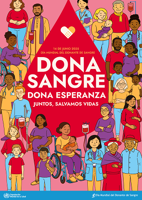 Diversas personas se reúnen en un fondo rojo, promoviendo la donación de sangre.