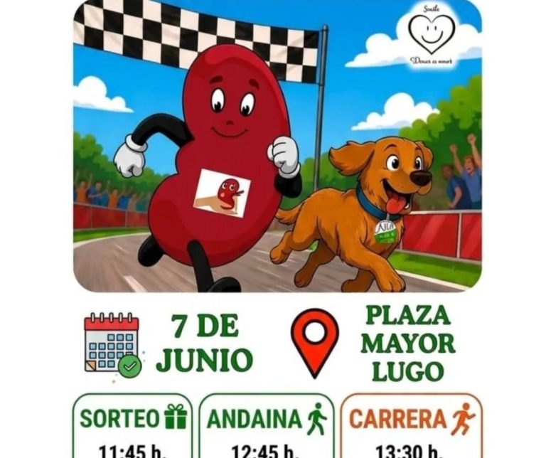 Cartel de la II Carrera Solidaria "Donar es Amar" en Lugo, con corredores y detalles del evento.