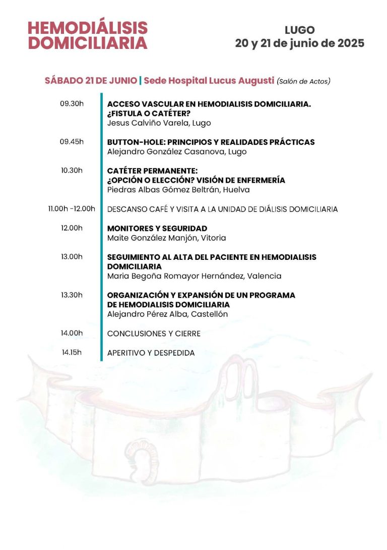 Programa de una conferencia sobre hemodiálisis domiciliaria, 20 junio 2025.
