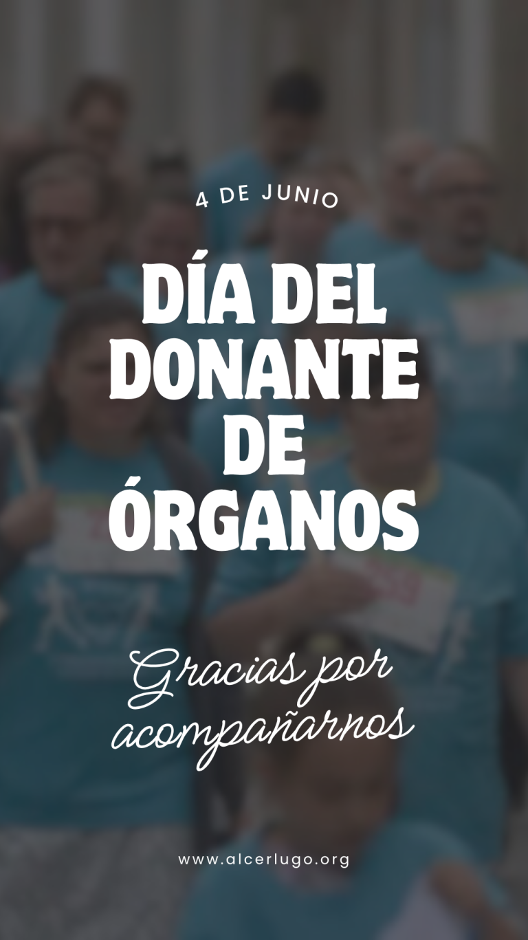 Texto en español sobre el Día del Donante de Órganos con fondo y personas con camisetas azules.
