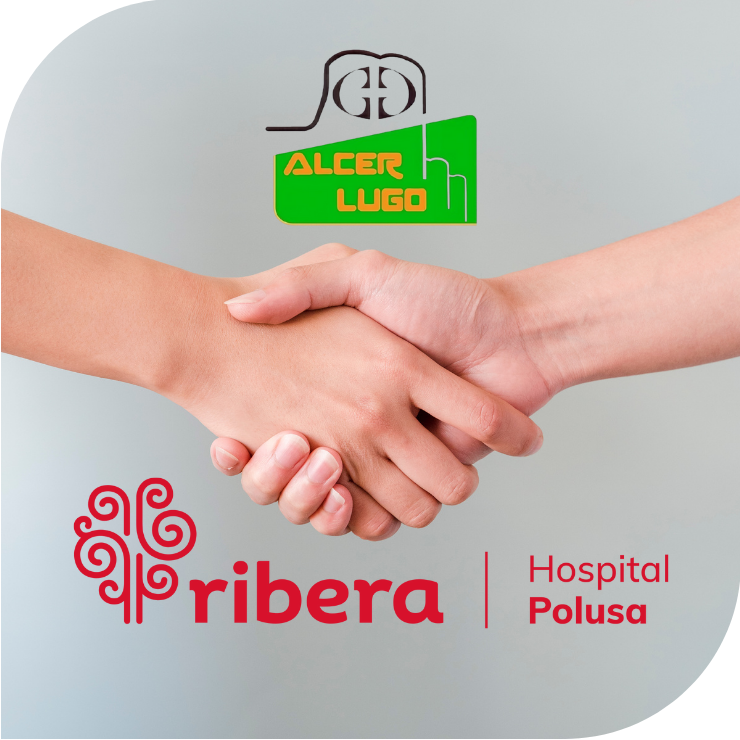 Dos manos estrechándose, logos de Alcer Lugo y Hospital Polusa de Ribera al fondo.