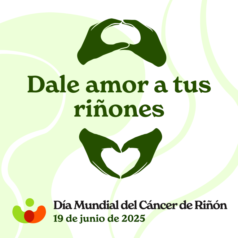 Texto que invita a cuidar los riñones, con manos formando un corazón y detalles de campaña.