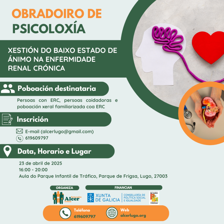 Taller sobre bienestar emocional en enfermedad renal crónica, con detalles de inscripción y lugar.
