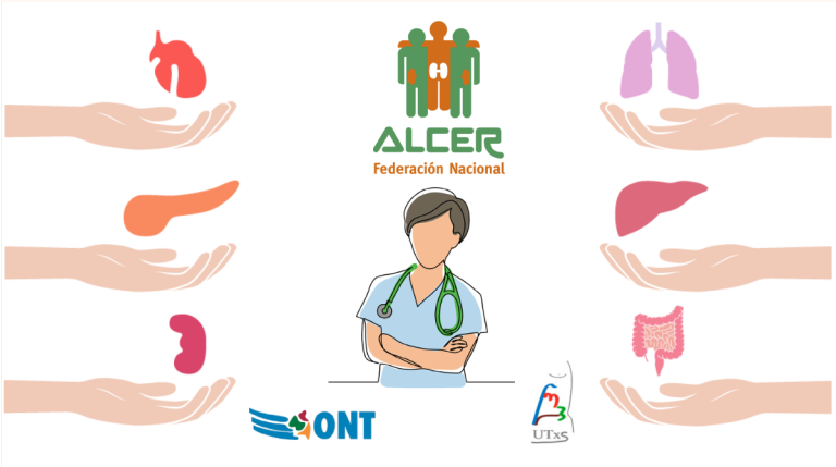 Logo de ALCER con figura de un profesional de salud y varios iconos de manos.