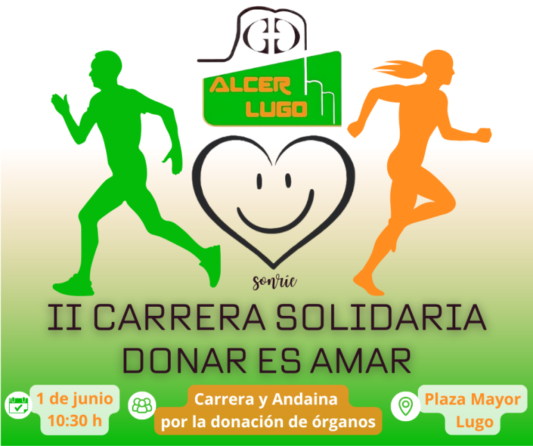 Cartel de la II Carrera Solidaria "Donar es Amar" en Lugo, con corredores y detalles del evento.
