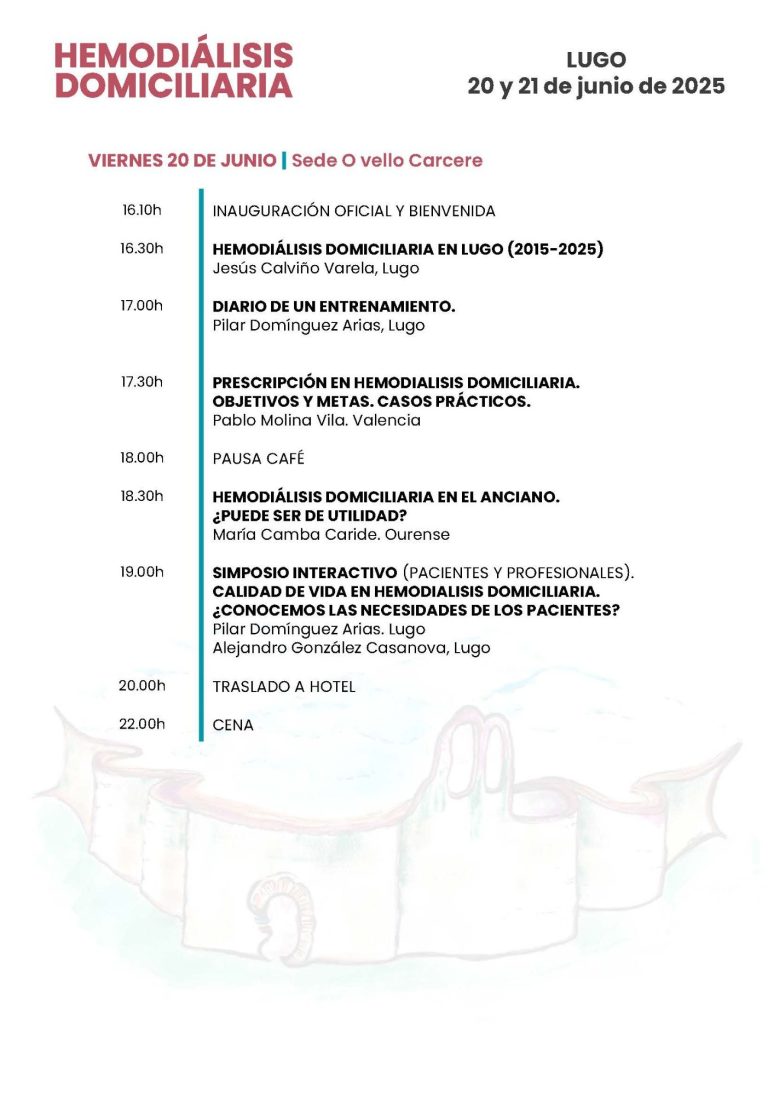 Programa del evento sobre hemodiálisis domiciliaria, con horarios y actividades detalladas.
