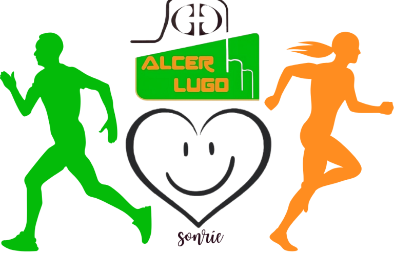 Siluetas de corredores en verde y naranja, con un corazón y el texto "Alcer Lugo".
