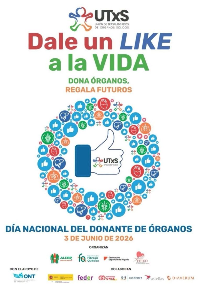 Cartel de Donación con manos de colores y el mapa de España en el fondo.