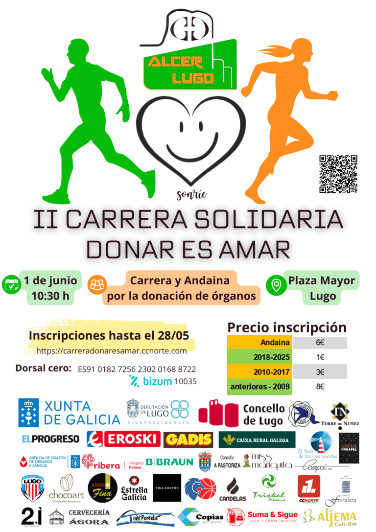 Cartel de la II Carrera Solidaria "Donar es Amar" con detalles de inscripción y actividades.