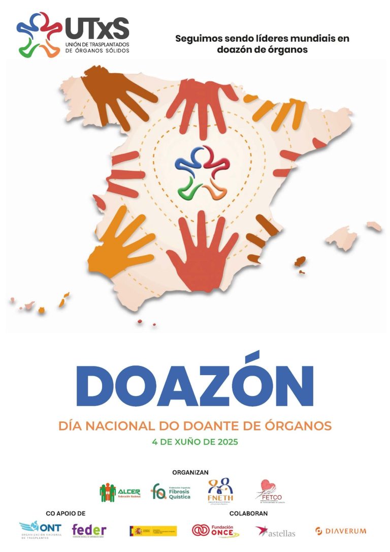 Cartel de Donación con manos de colores y el mapa de España en el fondo.
