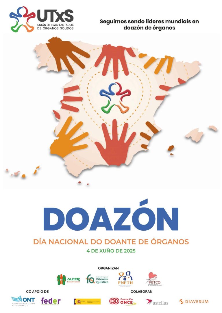 Mapa de España con manos de colores y un símbolo de donante de órganos.